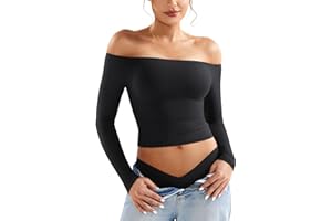 YEOREO Sophie Women Off Shoulder Long Sleeve Shirts Double Lined Basic Undershirt Y2K Going Out Tops