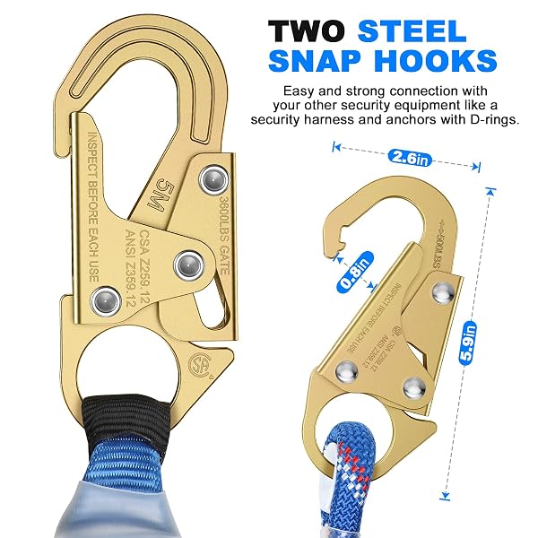50FT VERTICAL LIFELINE ASSEMBLY，FALL PROTECTION ROPE WITH TWO ROPE GRAB SNAP HOOKS, SHOCK ABSORBER，SAFETY CLIMBING EQUIPMENT ROOFING SAFETY KIT, CE ANSI