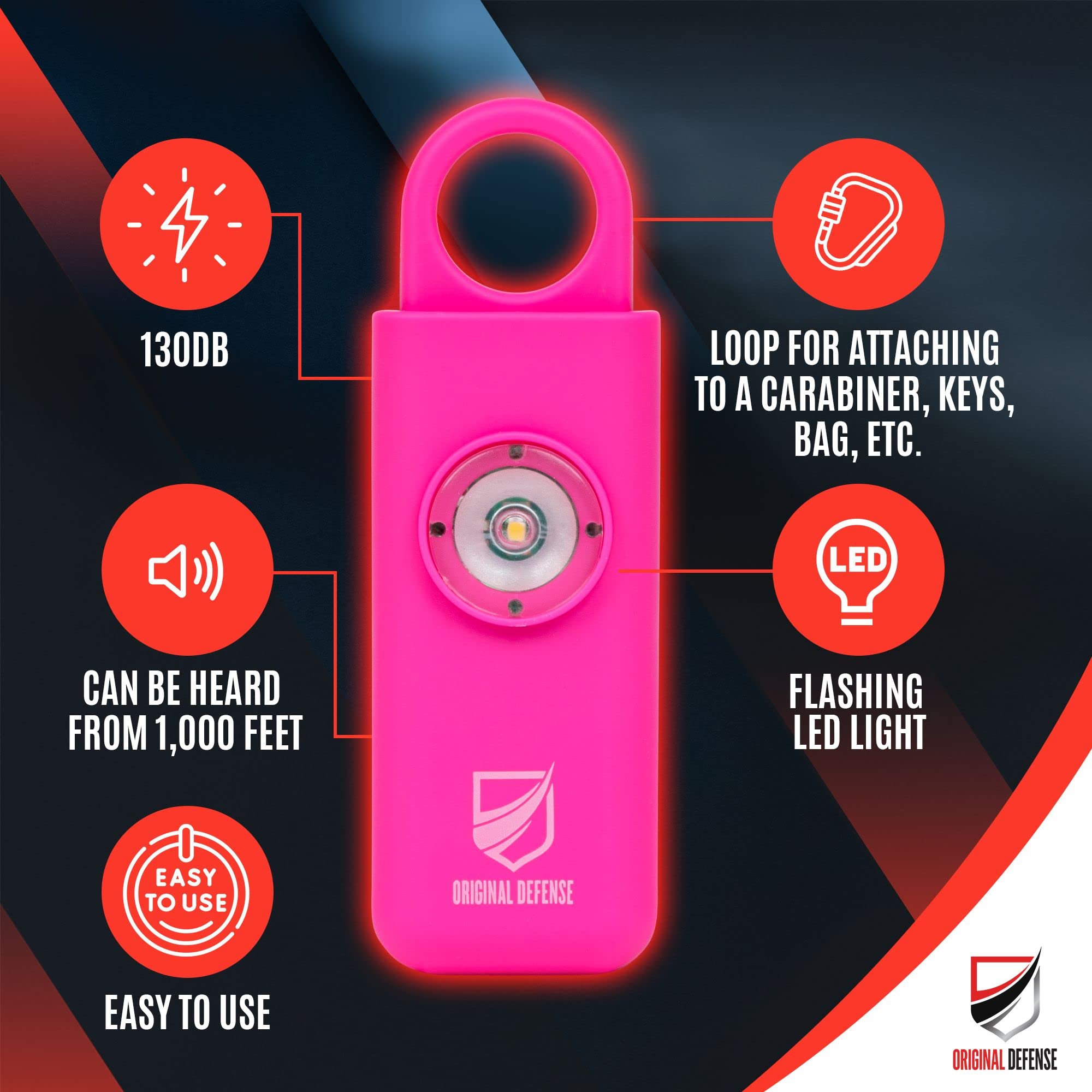 Original Defense® Siren Self-Defense Alarm (Magenta) - 130 dB Keychain Alarm with LED Strobe Light for Women, Children, and Elderly - Police Recommended