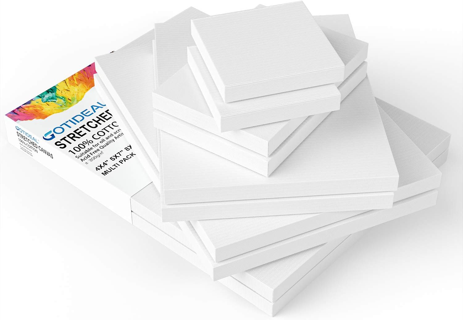 GOTIDEAL Stretched Canvas, Multi Pack 4x4", 5x7", 8x10", 9x12", 11x14" Set of 10, Primed White - 100% Cotton Artist Canvas Boards for Painting, Acrylic Pouring, Oil Paint Dry & Wet Art Media
