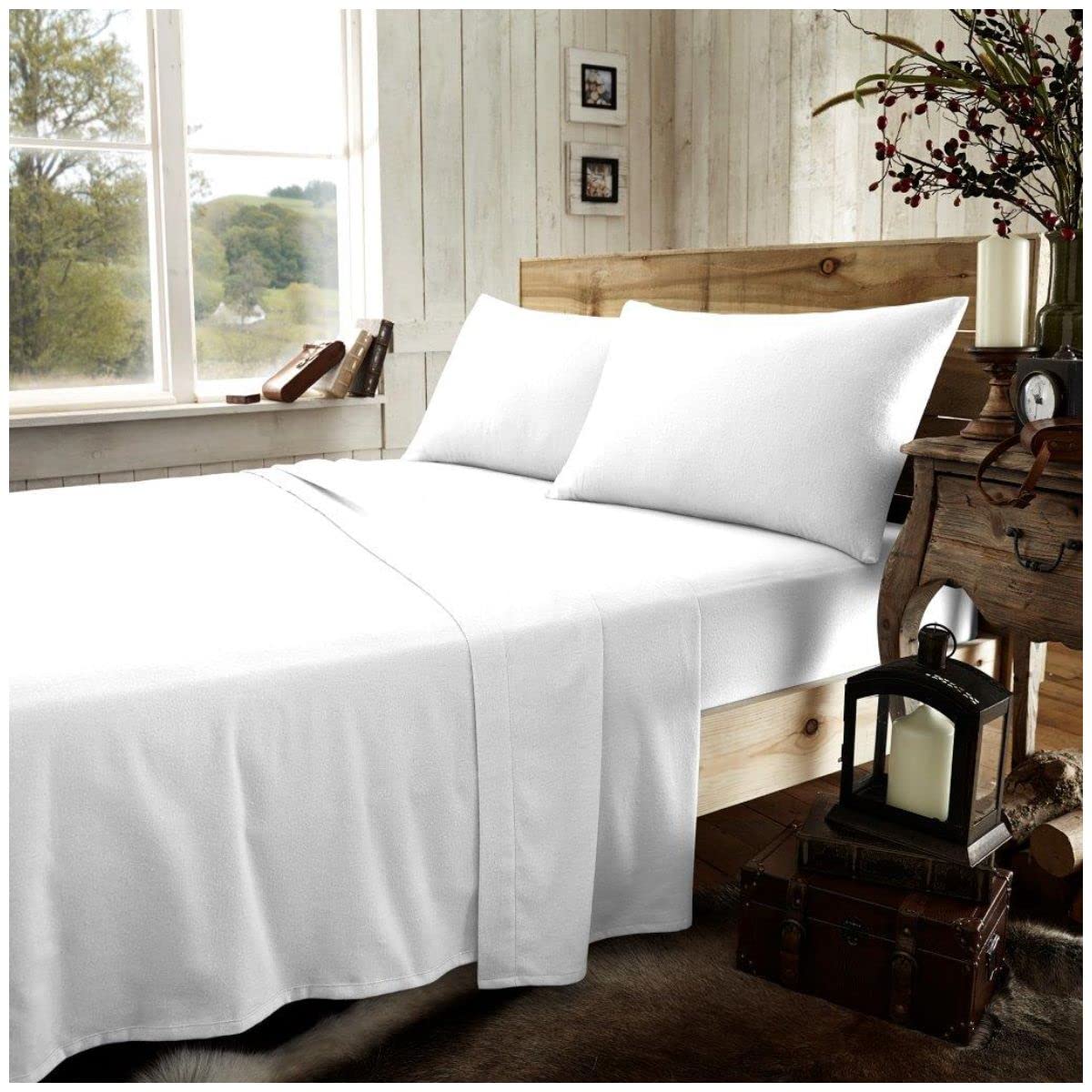 GC GAVENO CAVAILIA Easy Care Flannel Plain Dyed Duvet Cover, Super Soft, Comfy & Warm Flat Bedsheets, Cotton, White-Fitted Sheet, King Fitted Sheet