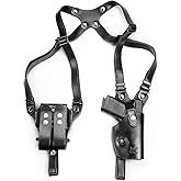 Universal Leather Shoulder Holster Compatible with Glock 17/19, 1911, Taurus G2C/G3C, M&P 9, Sig P220/P226, 92FS, and More, Vertical Concealed Holster with Double Mag Holster, Right Hand