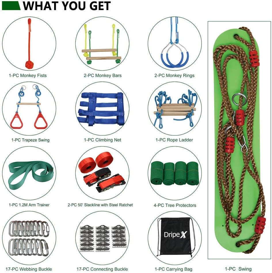 Ninja Warrior Obstacle Course for Kids - 2X50FT Ninja Slackline with Most Complete Accessories for Kids, Swing, Trapeze Swing, Rope Ladder, Obstacle Net Plus 1.2M Arm Trainer (Double Line Design): Toys & Games
