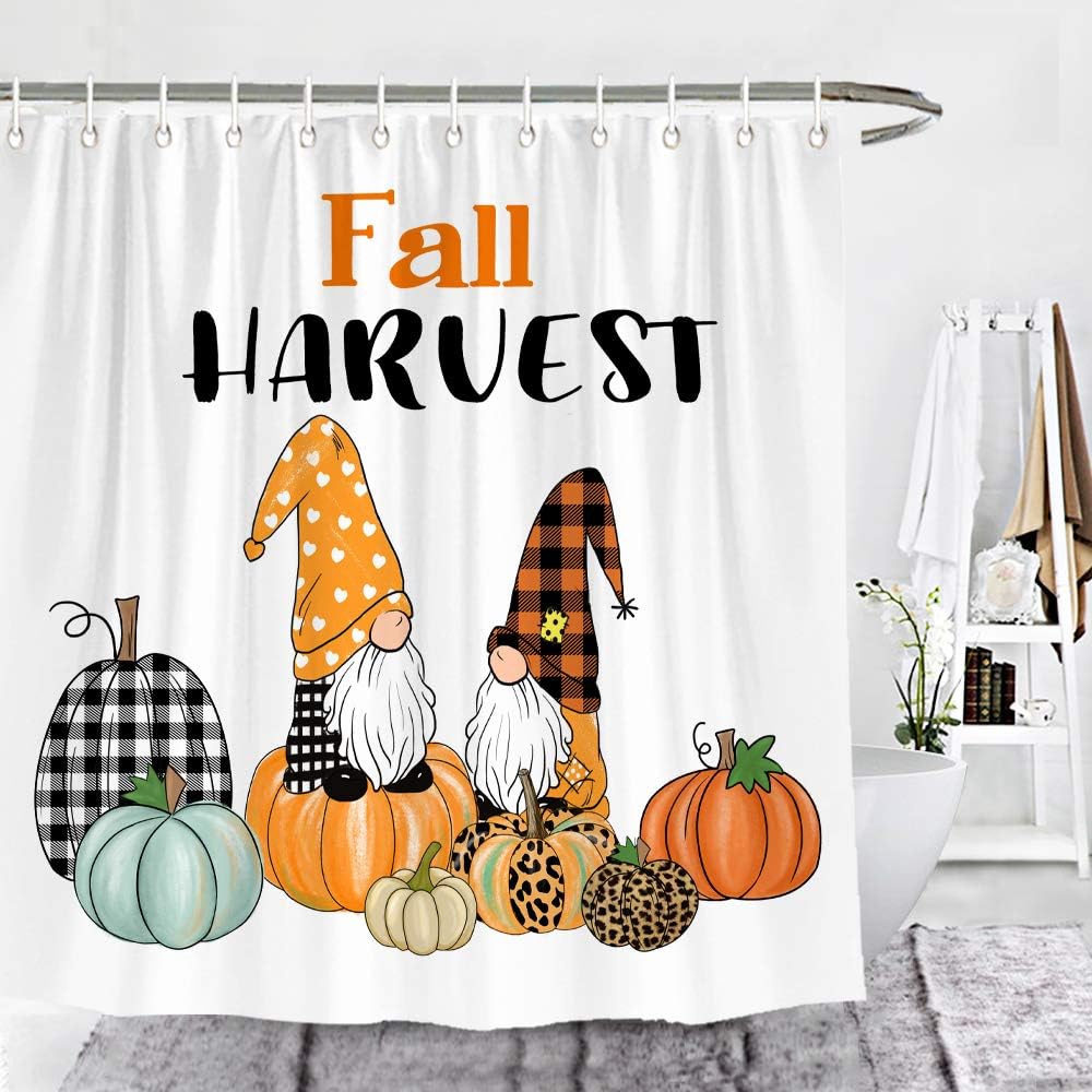 Amazon Com Wencal Fall Harvest Gnomes Buffalo Check Leopard Pumpkins Shower Curtain Autumn Farmhouse Bathroom Decor With Hooks 72 X 72 Inches Kitchen Dining