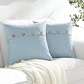 Meekio Set of 2 Baby Blue Pillow Covers 18 x 18 Linen Pillow Covers with Coconut Buttons Farmhouse Décor Housewarming Gifts