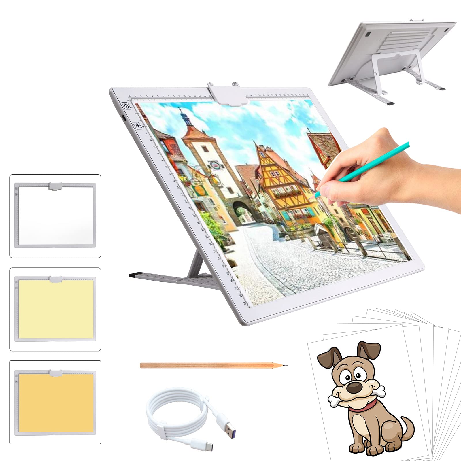 A3 Rechargeable Light Pad, TOHETO 2500mAh Battery Powered Light Board with Stand Top Magnetic Clip 3 Colors Stepless Dimmable 6 Levels Brightness Light Box for Diamond Painting Weeding Vinyl (White)