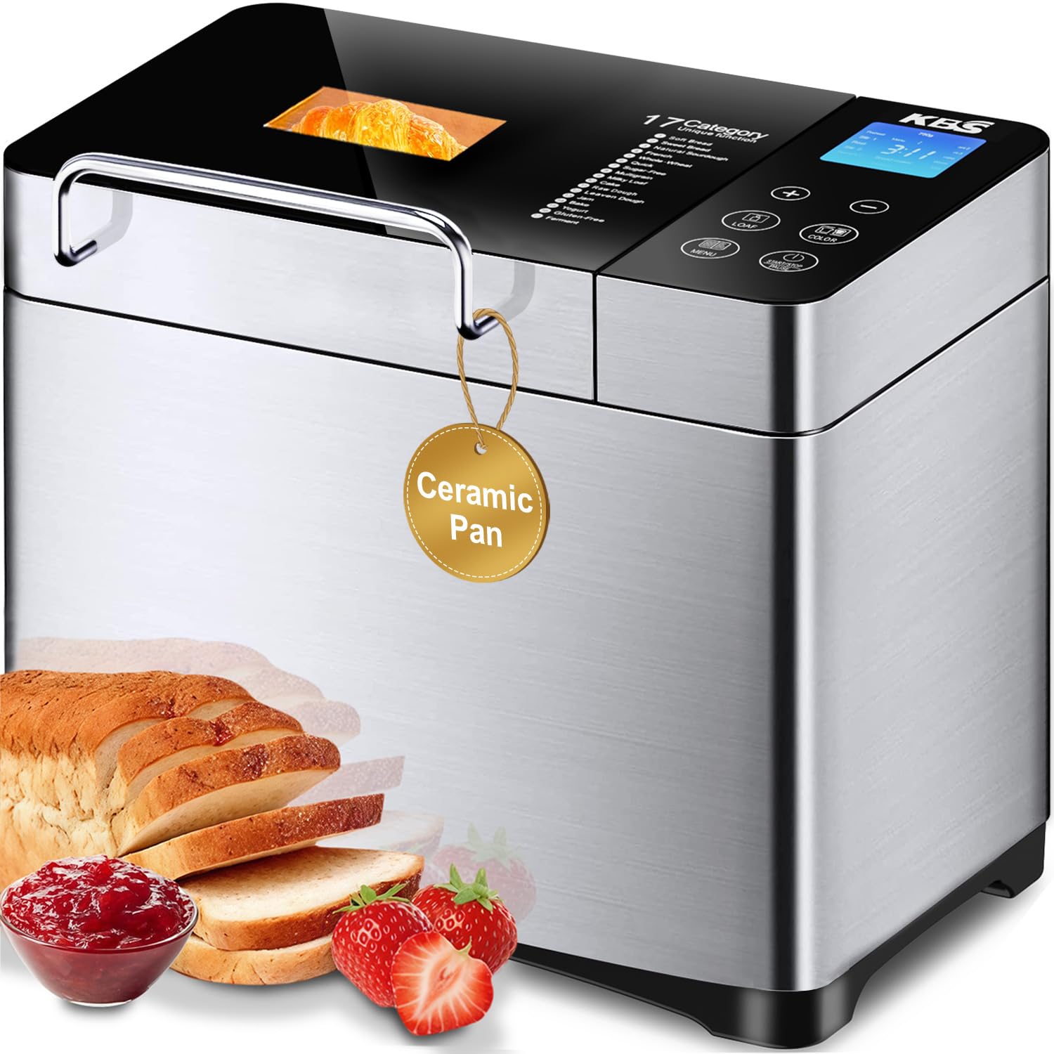 Photo 1 of KBS Pro Stainless Steel Bread Machine, 2LB 17-in-1 Programmable XL Bread Maker with Fruit Nut Dispenser, Nonstick Ceramic Pan& Digital Touch Panel, 3 Loaf Sizes 3 Crust Colors, Reserve& Keep Warm Set