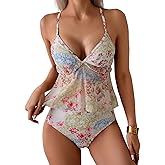 ZAFUL Tankini Swimsuits for Women V Neck Ruffle Floral Tummy Control Bikini Swimsuit 2 Pieces High Cut Bathing Suit
