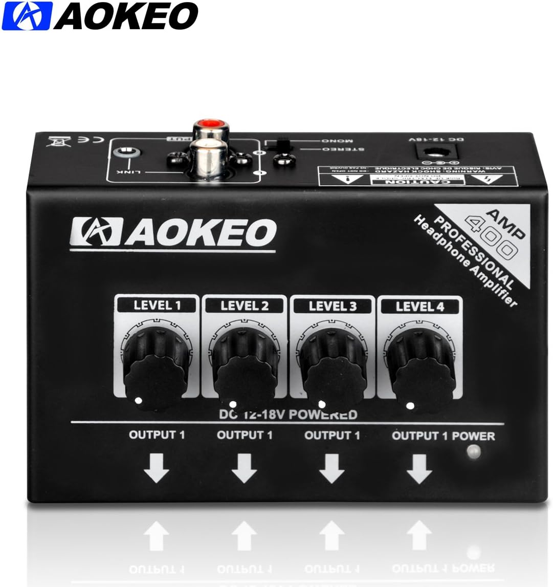 Aokeo Super Compact 4-Channel Stereo Headphone Amplifier with DC 12V Power Adapter for Sound Reinforcement, Studio, Stage, Choir, Features Ultra Low Noise, Premium Sonic Quality (AMP-400)