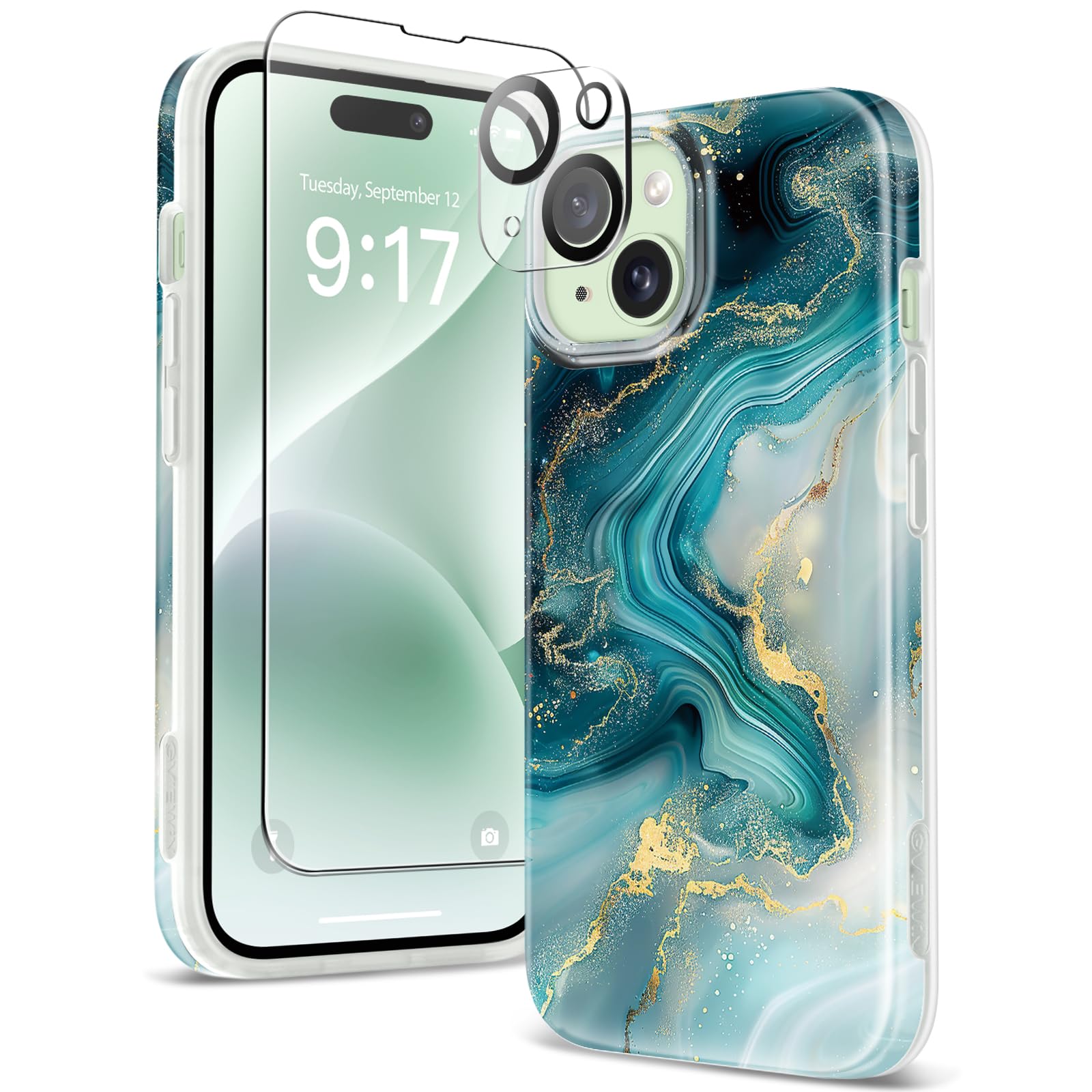 Photo 1 of GVIEWIN Marble for iPhone 15 Case, with Screen Protector & Camera Lens Protector, [10FT Military Grade Drop Protection] Slim TPU Phone Case Cover Women for iPhone 15 6.1" 2023 (Flowing Ripple/Green)