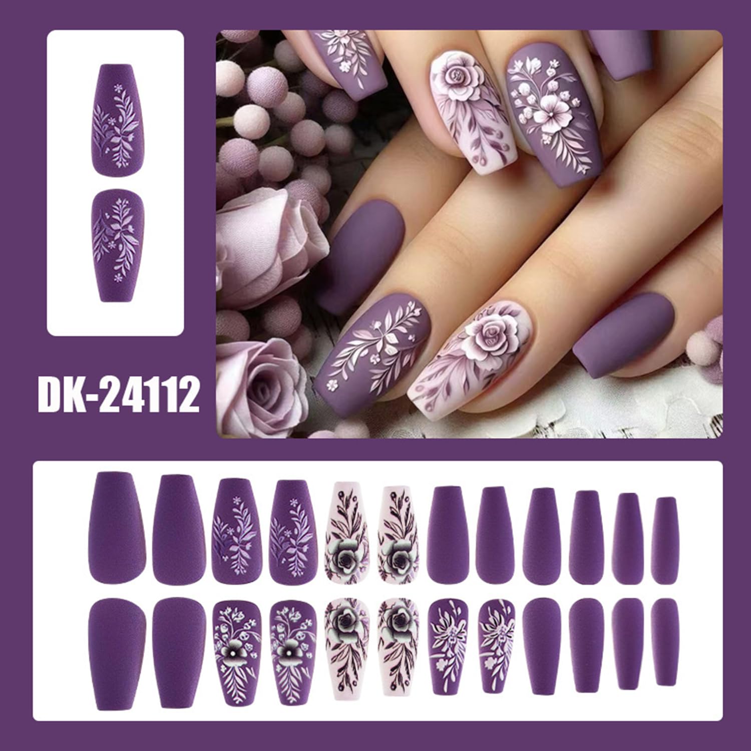 Medium Press on Nails Coffin Fake Nails Purple Acrylic Nails Medium Coffin Embossed Flowers Nails Press ons with Design Winter Press on Nails Matte Stick on Nails for Women Manicure Decorations 24 pcs - Image 2