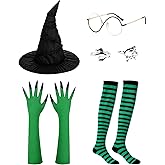 Witch Costume Set for Women Girls 6PCS Halloween Wicked Witch Costume Accessories with Hat Glasses Green Gloves Socks Ring Adult Halloween Costume Accessories for Cosplay Fantasy