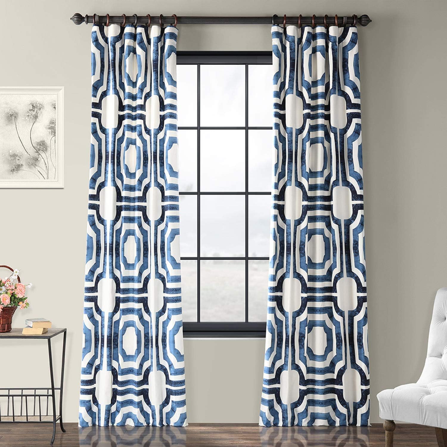HPD Half Price Drapes Geometric Printed Curtains 120 Inches Long Luxury Cotton Curtains (1 Panel) Room Darkening Window Curtains for Bedroom & Living Room, 50W x 120L, Mecca Geometric Blue Image