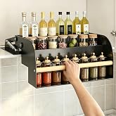 REALINN Pull Down Shelf for Upper Cabinets, 3 Tier Spice Rack, Black | Gas-Assisted Lift, Stepped Trays for Jars &amp; Bottles, Steel Frame, Smooth Lowering Motion, Space-Saving Upper Cabinet Fit