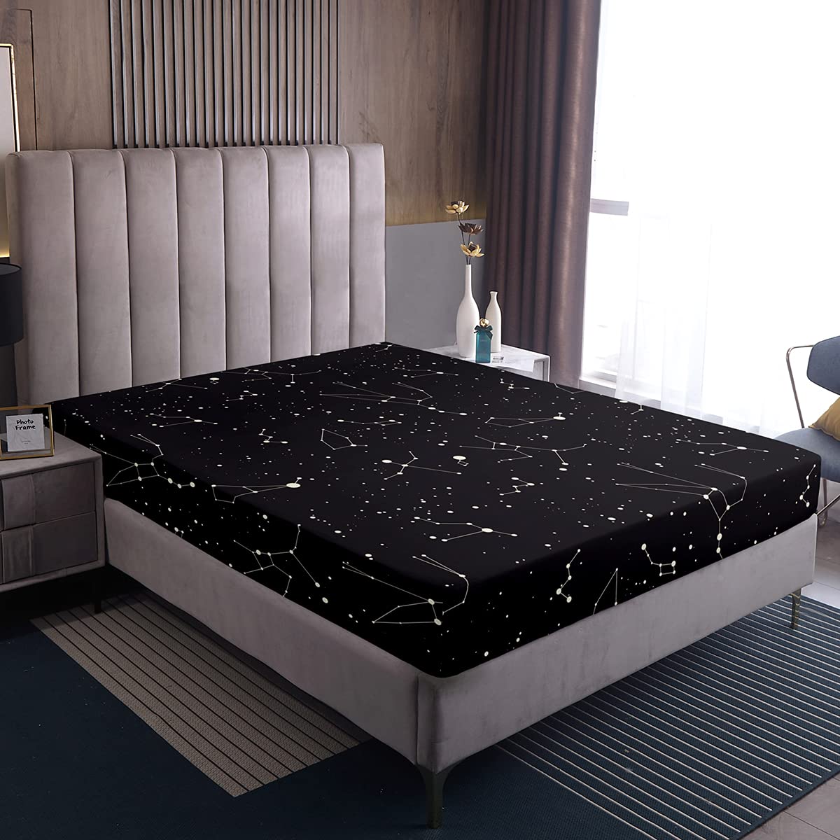 Loussiesd Galaxy Constellation Fitted Bed Sheets 100% Polyester Soft and Comfortable Sheets Machine Washable Breathable Fabric Double(135x200+30cm) Starry Sky Series Only Bedsheet No Pillowcases — image 1