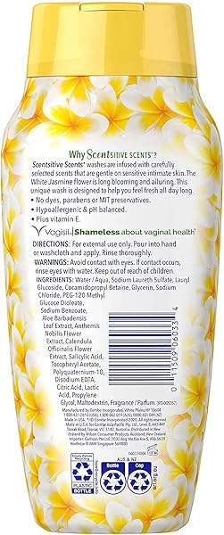 VAGISIL FEMININE WASH FOR INTIMATE AREA HYGIENE, SCENTSITIVE SCENTS, PH BALANCED AND GYNECOLOGIST TESTED, WHITE JASMINE, 12 OZ (PACK OF 3)