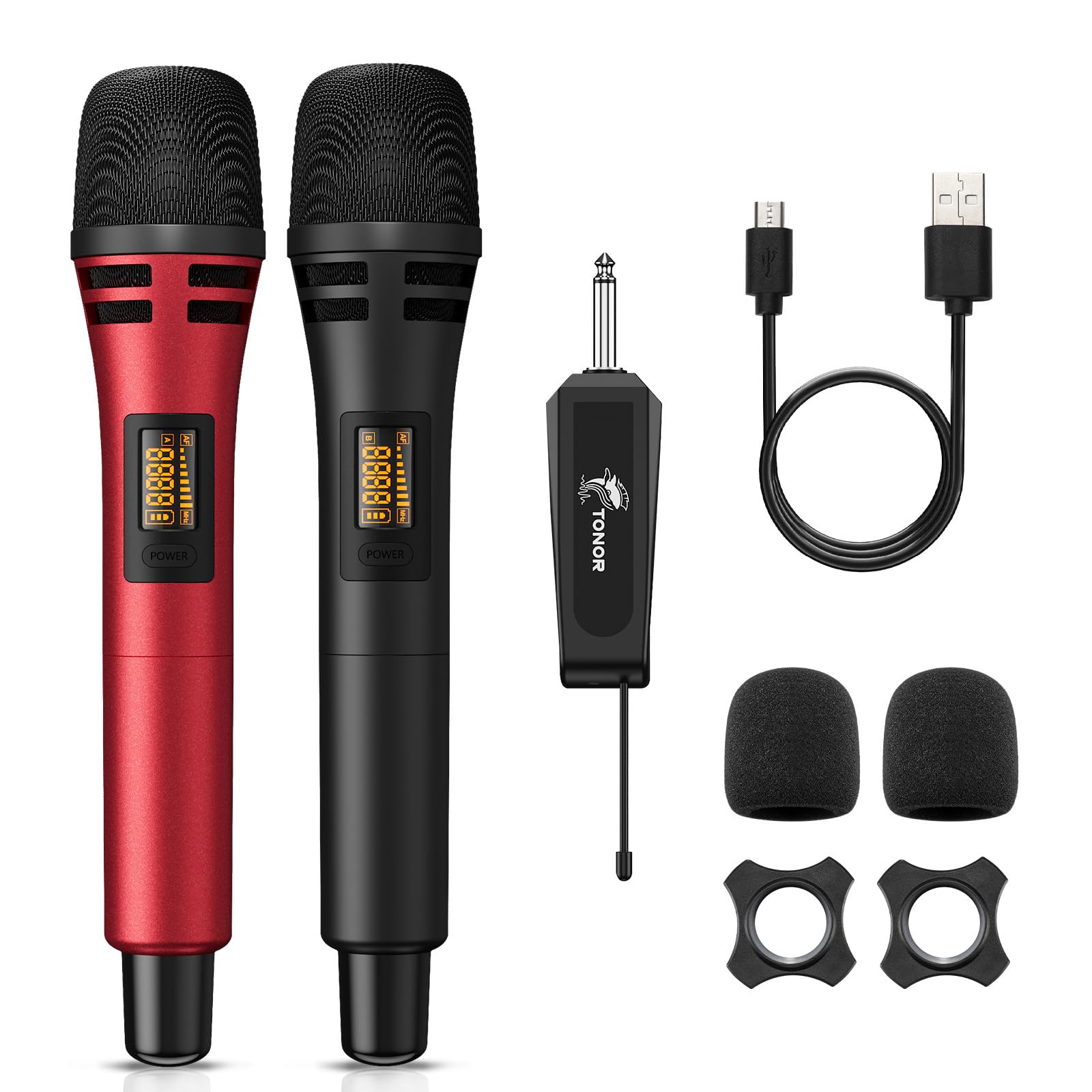 TONOR Wireless Microphones, UHF Cordless Handheld Dynamic Mics with 6.35mm Rechargeable Receiver, 60 m Range, 2*5 Adjustable Channels for Karaoke, Singing, DJ, Party, Speech, TW320, 2 Mics Black&Red