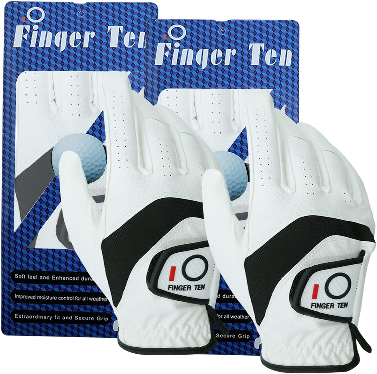 FINGER TEN Golf Gloves Men Right Hand Leather All Weather Premium Grip Tour Value 2 Pack, Mens Golf Glove Soft Comfortable Breathable Flexible for Golfers Sport Outdoor (White, M, Right)…