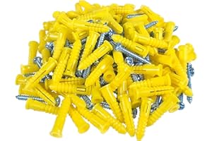 HANGDONE Ribbed Wall Anchors #4-#6 7/8-Inch with Screws 100-Pack, Yellow, Plastic Anchor for Drywall/Concrete, Pan Head Phillips Screw Included