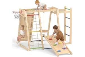 OLAKIDS Indoor Jungle Gym, 9 in 1 Wooden Montessori Baby Climbing Toys with Adjustable 2 Swings Ramp, Monkey Bar Basketball H