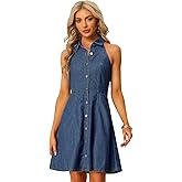 Allegra K Lightweight Denim Dresses for Women's Button Down Sleeveless Halter Neck Jean Dress