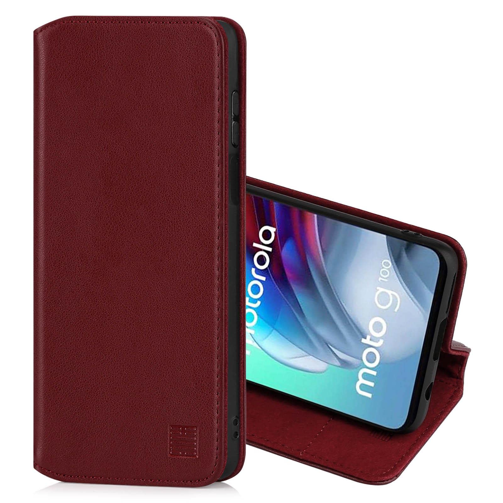 32nd Classic Series 2.0 - Real Leather Book Wallet Flip Case Cover For Motorola Moto G100, Real Leather Design With Card Slot, Magnetic Closure and Built In Stand - Burgundy