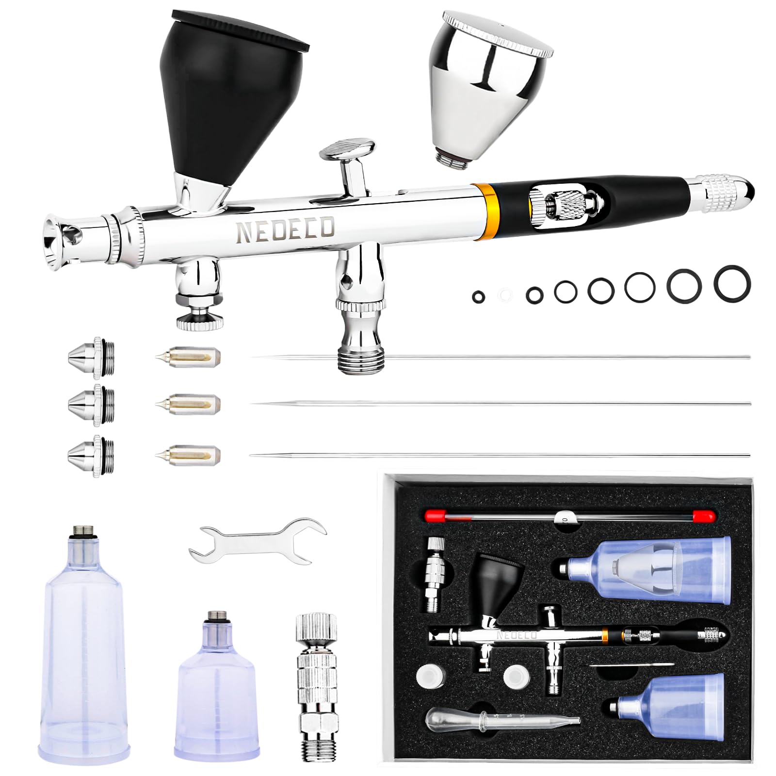 NEOECO SJ83 Airbrush, Self-Centring Plug-in Nozzle, 0.2, 0.3 & 0.5mm Nozzle Sets and oz Cup, Dual-Action Gravity Feed Airbrush with 2/3 oz and 4/3 oz Replacement Cups (Black)