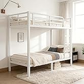 Bellemave Metal Twin Over Full Bunk Bed for Teens & Adults, Heavy Duty Steel Bunk Bed Frame with Ladder & Full-Length Guardrails, Noise-Free, No Box Spring Needed, Space-Saving Bunk Bed （White）