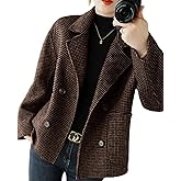 utcoco Womens Cropped Wool Coats Houndstooth Double Breasted Short Wool Pea Coat Cropped Blazer Jackets with Pocket