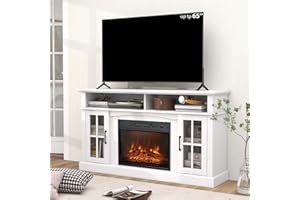 SIMOE 58 in TV Stand with 23 Inch Fireplace, Electric Fireplace TV Console for TVs up to 65", Entertainment Center/w 2 Cabinets & Remote Control, 6H Timer & 3 Flame Brightness, 5100BTU, White