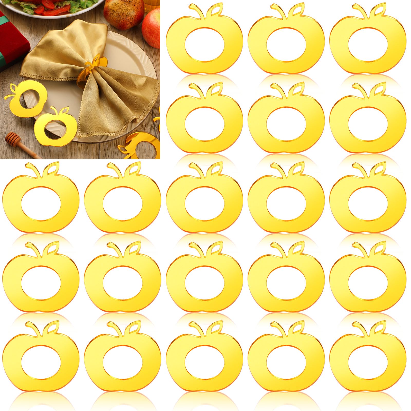 Photo 1 of Funnymoom 20 Pcs Rosh Hashanah Decoration Napkin Rings Gold Apple Ornament Jewish New Year Napkin Holder for Napkins Kitchen Acrylic Apple Napkins Ring Holder for Jewish Party Table Wedding