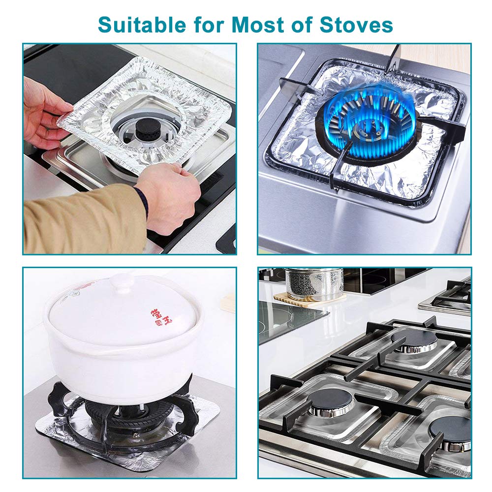 B. SHINE Foil Stove Burner Covers - Aluminum Foil Gas Range Protectors Gas Stove Burner Liners, Disposable, Size 8.66”x 8.66”, 50 Pack