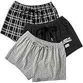 WDIRARA Women's 3 Piece Plaid Pajama Shorts Elastic Waist Letter Graphic Printed Tie Front Sleep Shorts