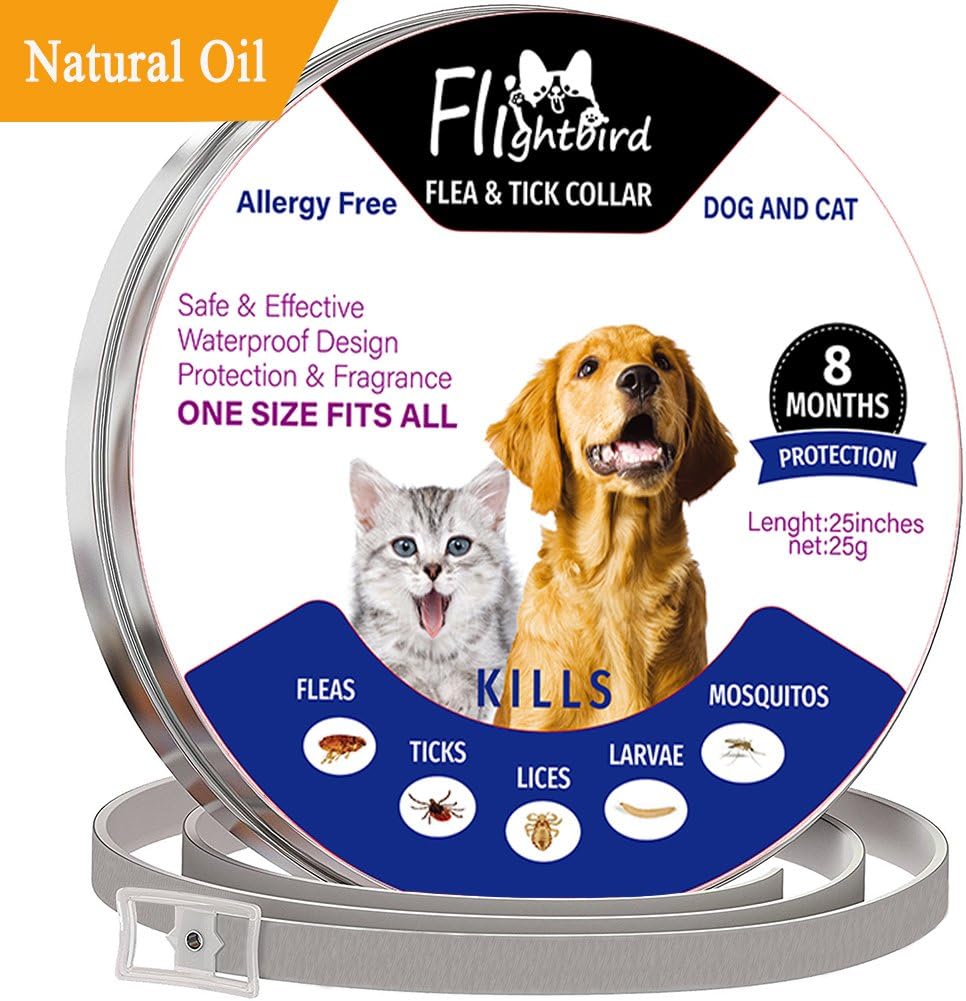 Flea and Tick Collar,Flightbird 8 Months Protection Natural Plant Extracts Waterproof Safe & Hypoallergenic Allergy Free Flea and Tick Prevention Lice Remove Control Collar 25 inches For Dogs and Cats