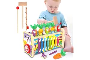 MINGNOR 8 in 1 Baby Toys, Wooden Hammer Toddler Toys for 1 Year+, Montessori Early Education Sensory Toy with Hammering pounding Toys,Xylophone,Gear,Clock,Fishing,Catch Worm,Harvest Carrots,Animal Slide Game