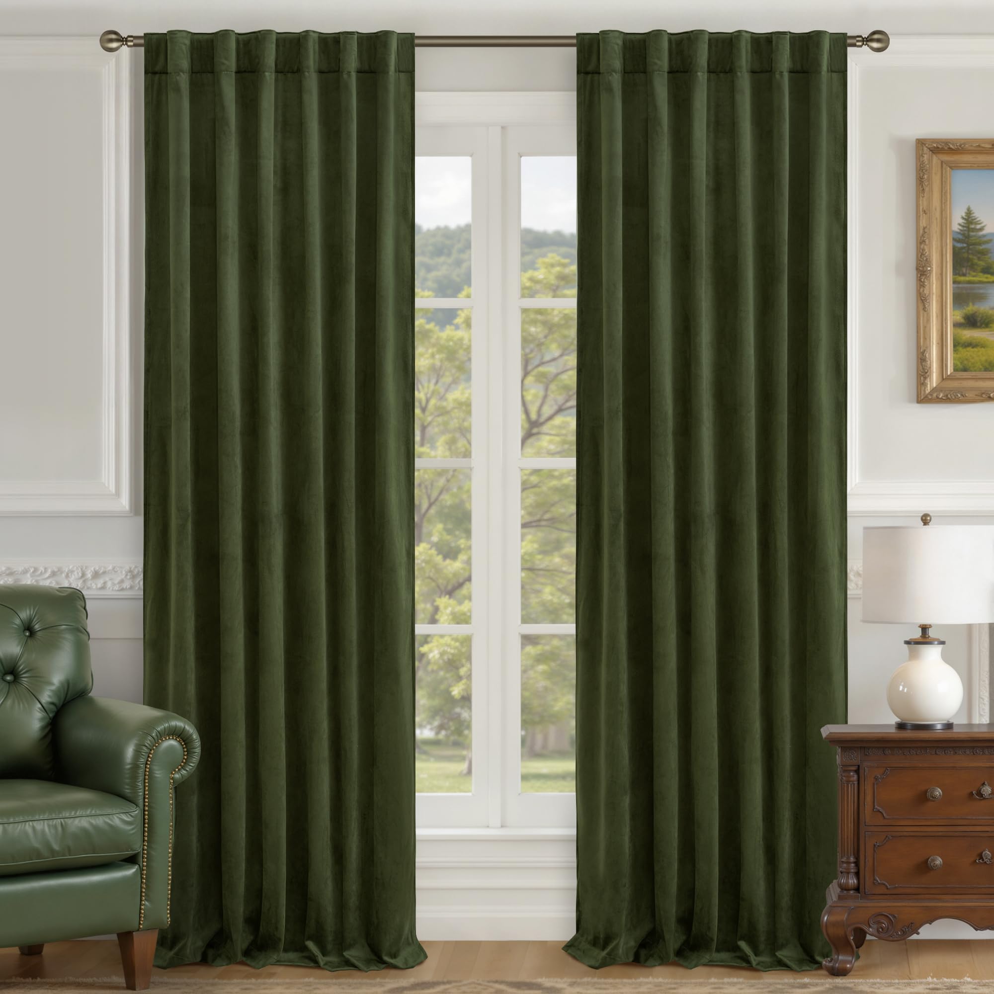 Photo 1 of LAMIT Olive Green Velvet Curtains 108 Inch Length for Living Room, Thermal Insulated Blackout Curtains Luxury Room Darkening Back Tab and Rod Pocket Window Drapes for Bedroom, 2 Panels, 52 x 108 Inch
