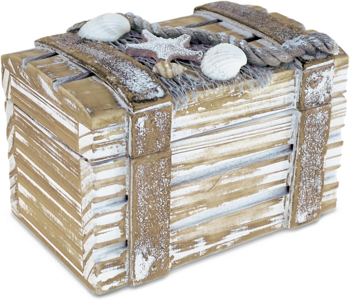 PuzzledCoTa Global Baja Beach Small Wooden Jewelry Box - Handcrafted Nautical Trinket with Seashell and Starfish Decorations, Tabletop Home Decor, Jewelry Storage Organizer - 4.25 Inch