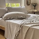 NSNLGSGC Tan Gingham Ruffle Full Sheet Set, Taupe Soft Pre-Washed Microfiber Plaid Full Bed Sheets, 4-Pieces Farmhouse Sheet Set with Deep Pocket