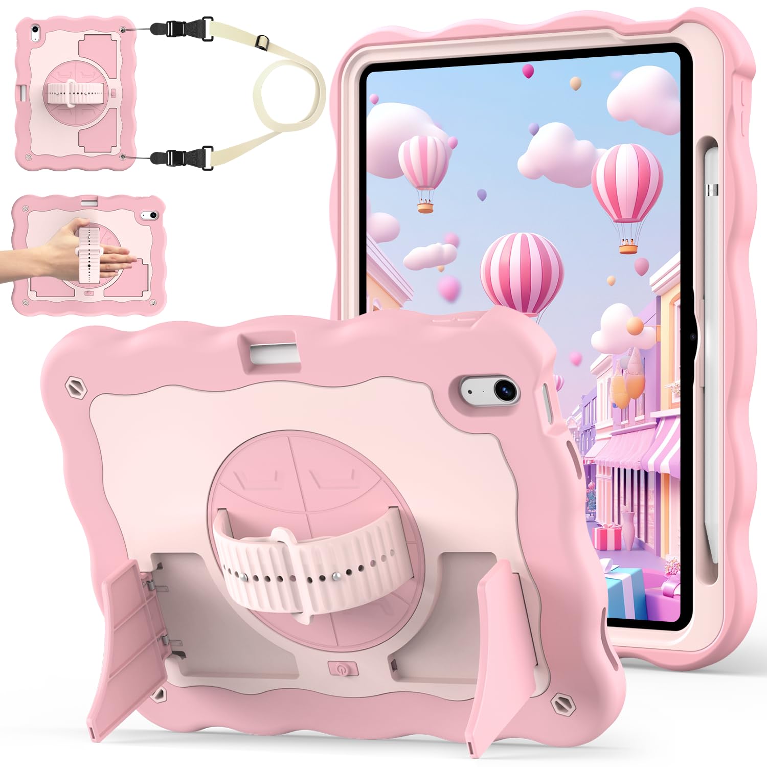 Photo 1 of ZoneFoker for iPad A16 11th Generation 2025 / 10th Gen Case 2022, for 11 Inch / 10.9 Inch iPad Case Heavy Duty Cover Shockproof with Pencil Holder [360° Rotate Strap] & Stand for Kids, Pink