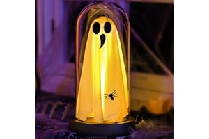 Yinhua Halloween Decorations Indoor 8.5" Light Up Ghost in Glass Cloche with Timer, Cute Ghost Light with Wood Base Night Lights Halloween Decor for Mantel, Desk, Fireplace, Gift (Warm)