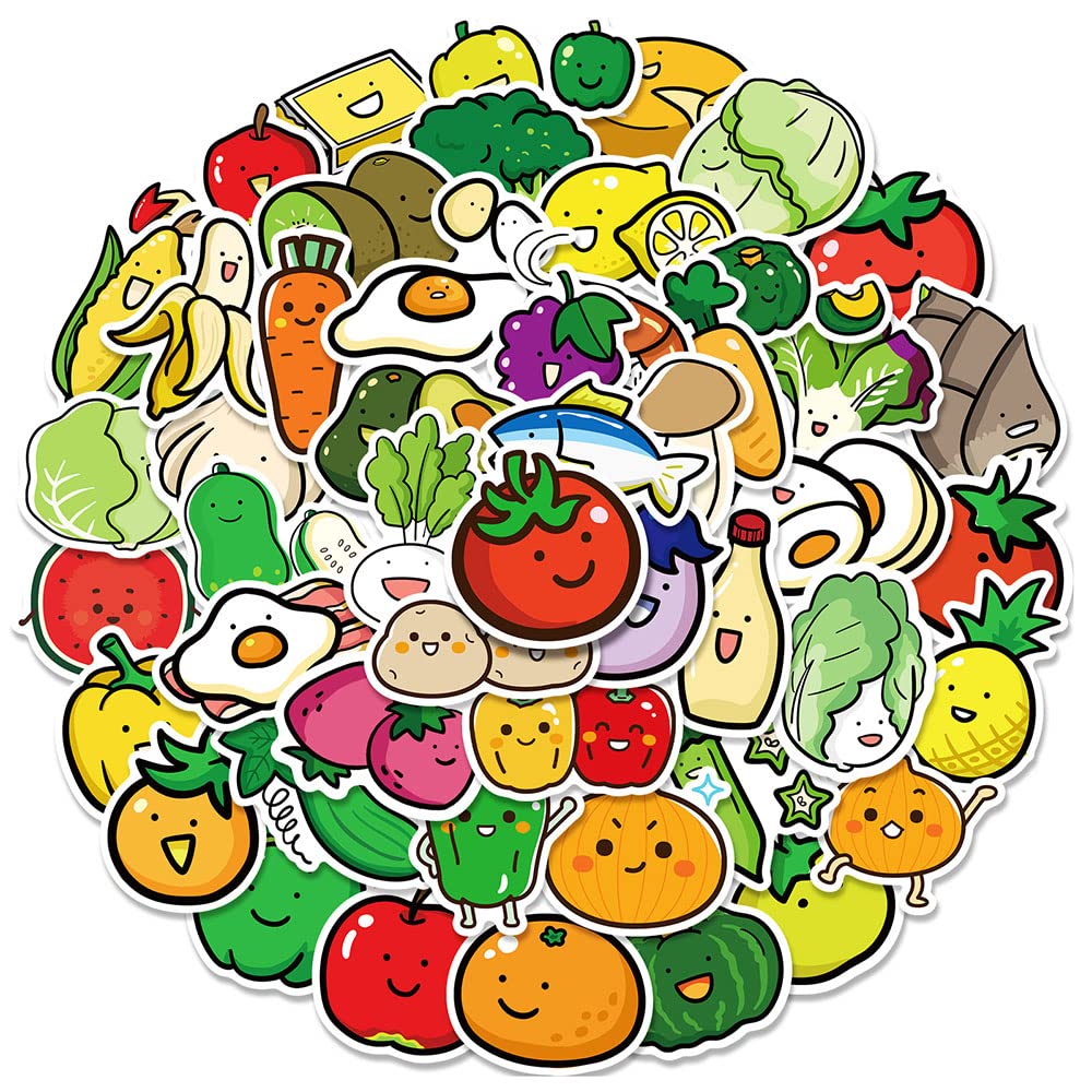 Simple Vegetable Vinyl Stickers, 50 PCS Waterproof Cartoon Food Decals for Laptops, Scrapbooking, Journals, Notebooks, Water Bottles, Suitcases, Phones & DIY Decor