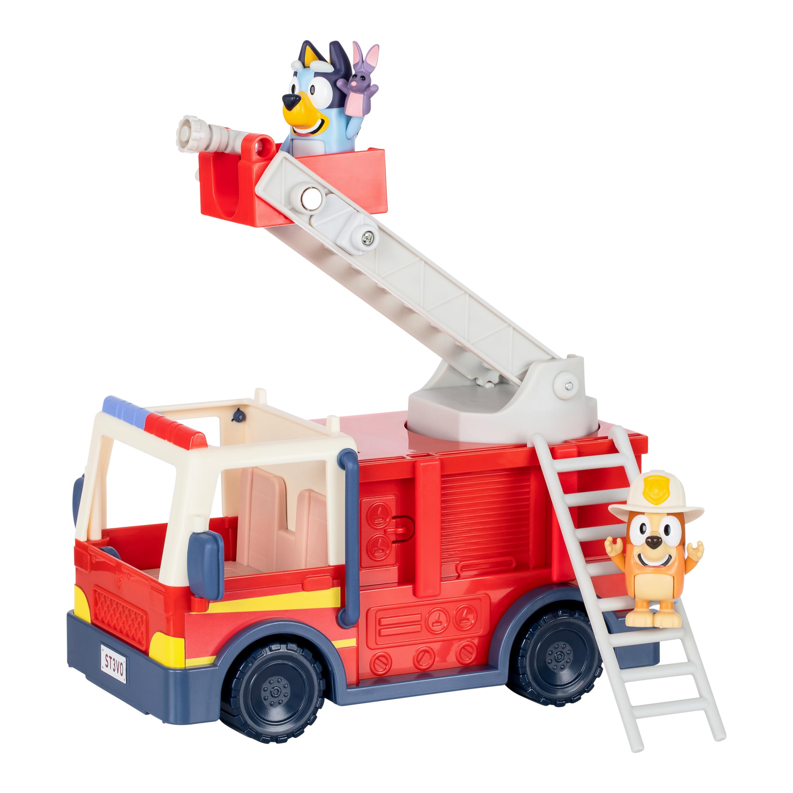 Bluey Firetruck Toy Playset with Firefighter Bingo, Bluey & Bob Bilby, Toddler Fire Truck w/ Spinning Ladder, Water Hoses for Kids Ages 3+