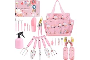 YANZI Floral Garden Tools Set,Heavy Duty Gardening Tools for Gardener,Gardening Gifts for Women,Storage Tote Bag,Sleeves,Gloves,Trowel,Transplanter,Rake,Weeder,Cultivator,Pruner,Succulent Hand Tools,Pink