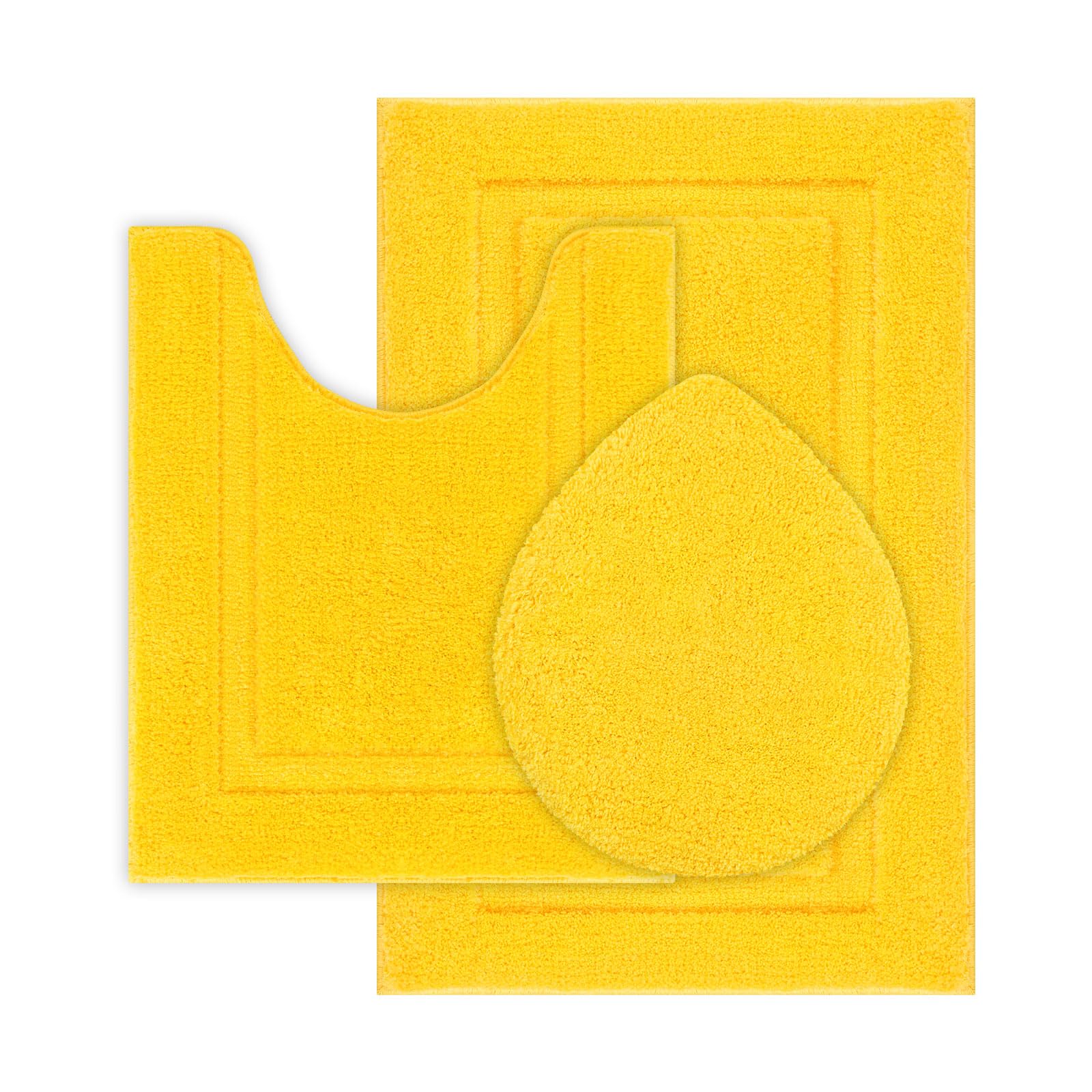 Photo 1 of SHACOS Bathroom Rugs Set with Toilet Lid Cover, 20"x32" Bath Mats 19"x21" Toilet Lid Cover 20"x24" U Shape Contour Mat Extra Soft Absorbent Non Slip Bathroom Carpet (Yellow)