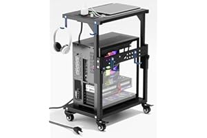 ZUAVIALA Computer Tower Stand with Power Outlet, 6 Level Height Ajustable PC Tower Stand for Floor, Mobile Rolling CPU Holder Cart for Gaming, Office, Home, 21.34"-28.3", Black