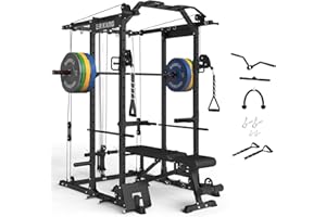 ER KANG Home Gym Package, PC06 Power Cage with Bench, Olympic Barbell, and 230LBS Bumper Olympic Weights(Red Combo)