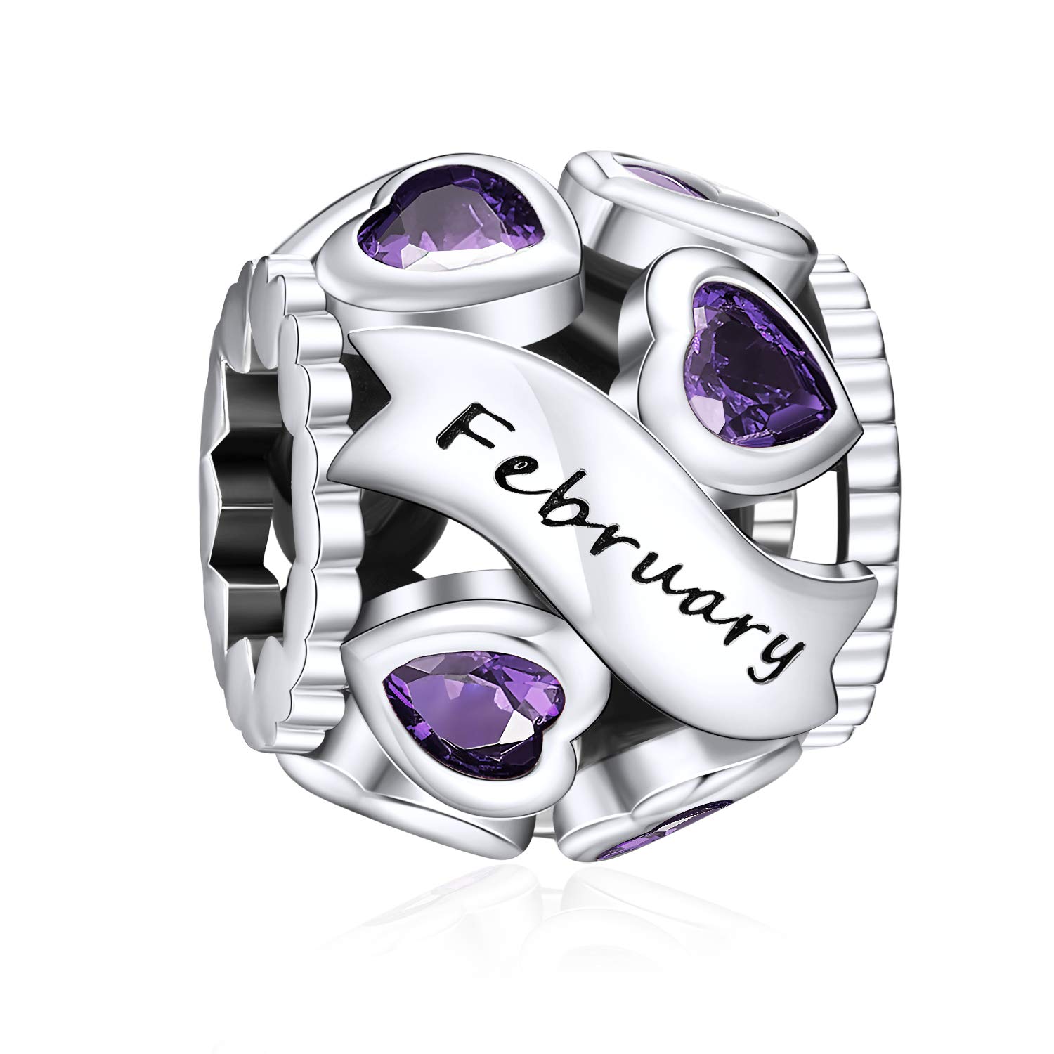 NINGAN Birthstone Charms for Bracelets-925 Sterling Silver Openwork Bead Charms, Love Heart Charms for Bracelets and Necklaces, Happy Birthday Gifts for Women Girls (February)