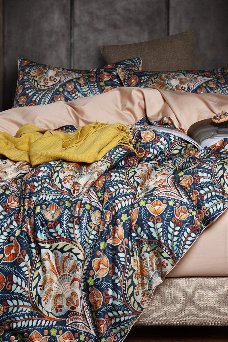 Eikei Home Damask Medallion Luxury Duvet Quilt Cover Boho Paisley Print Bedding Set 400 Thread Count Egyptian Cotton Sateen Vibrant Bohemian Pattern (King, Blue Orange)