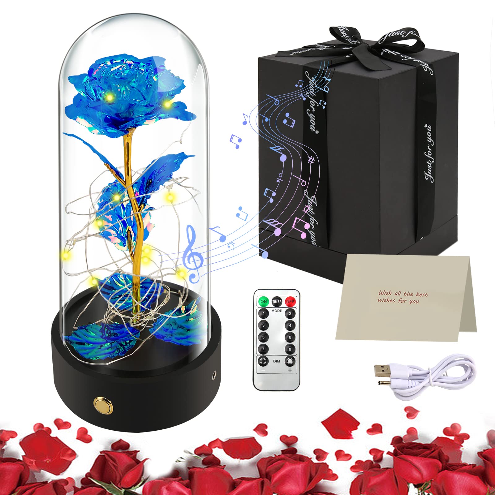 Mothers Day Mom Gifts,Rose in a Glass Dome with LED Light,Forever Eternal Crystal Rose Light with Music Box Function,Artificial Flower Gift Flower,Office or Home Decorations,Gift for Wife Her (Blue)