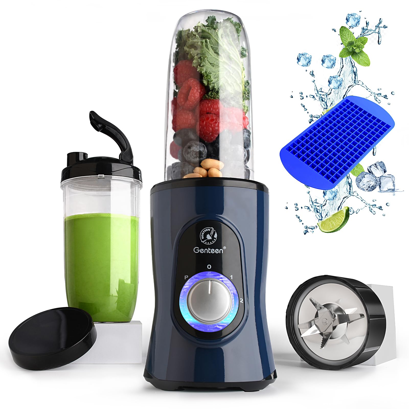 Genteen Smoothie Blender,650W Blender for Shakes and Smoothies with 3 Speeds,8-Piece Personal Blender and Smoothies Maker with 2 BPA-Free Portable Blender Cup (Blue)
